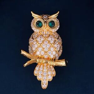Golden Owl Crystal Emerald Eyes Brooch